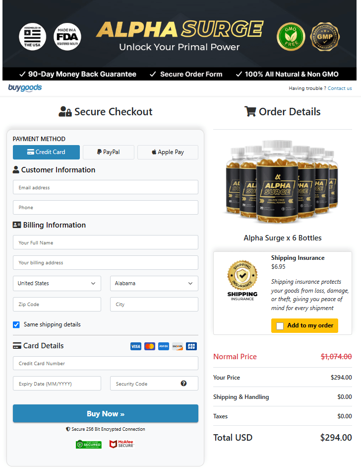 Alpha Surge order page